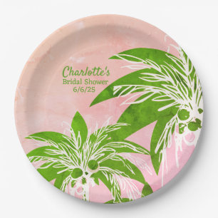 Pink Green Palm Tree Brautparty Name Pappteller