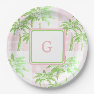 Pink Green Palm Tree Preppy Ombre Square Monogram Pappteller