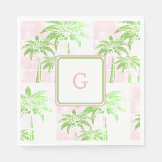 Pink Green Palm Tree Preppy Ombre Square Monogram Serviette