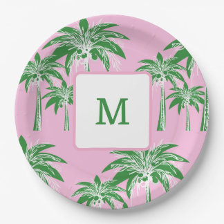 Pink Green Palm Tree Preppy Summer Beach Monogram Pappteller