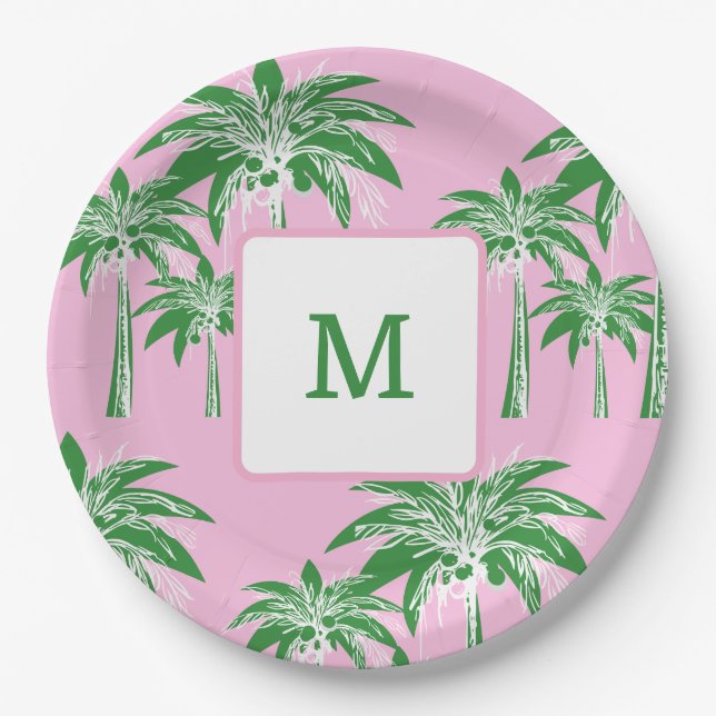 Pink Green Palm Tree Preppy Summer Beach Monogram Pappteller (Vorderseite)
