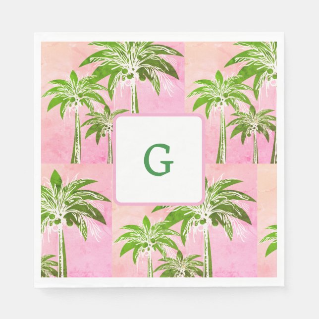 Pink Green Palm Tree Preppy Summer Ombre Monogram Serviette (Vorderseite)