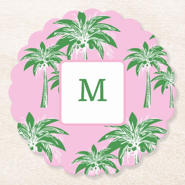 Pink Green Palm Tree Preppy Summer Shoogram Untersetzer (Vorderseite)