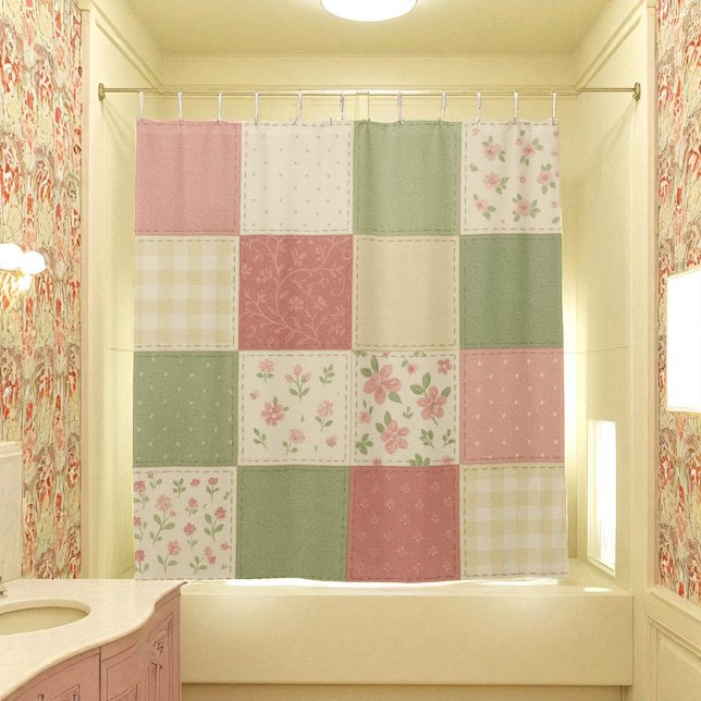 Pink Green Patchwork Quilt Rustikales Bauernhaus B Duschvorhang (Pink Green Patchwork Quilt Rustic Farmhouse Floral Shower Curtain)