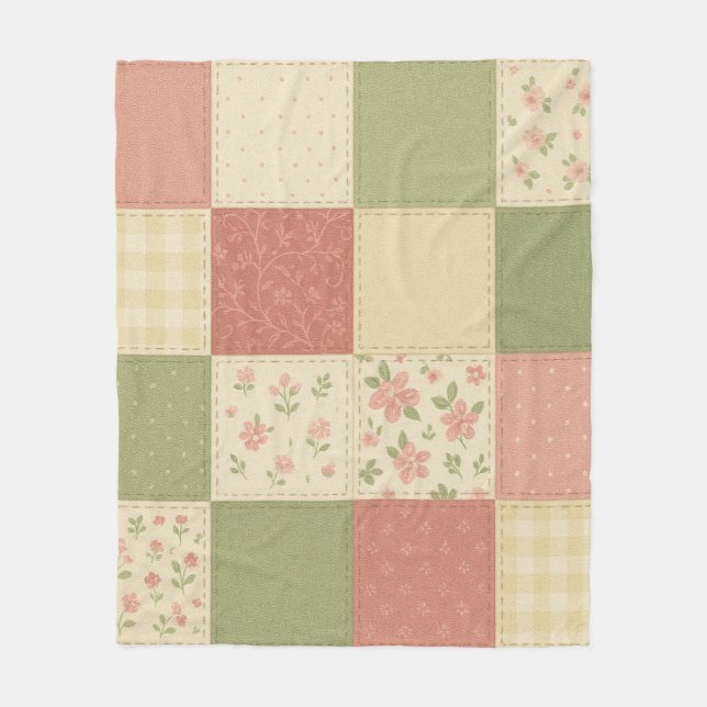 Pink Green Patchwork Quilt Rustikales Bauernhaus B Fleecedecke (Vorderseite)