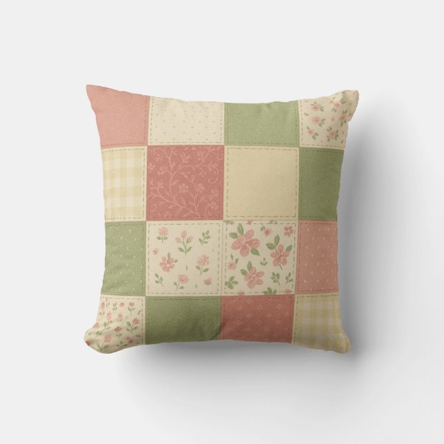 Pink Green Patchwork Quilt Rustikales Bauernhaus Kissen (Vorderseite)