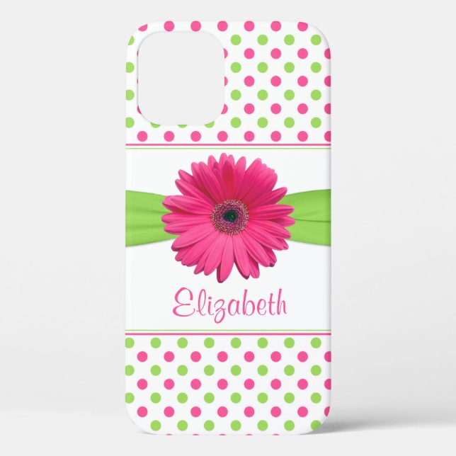 Pink Green Polka Dot Gerber Daisy Case-Mate iPhone Hülle (Rückseite)