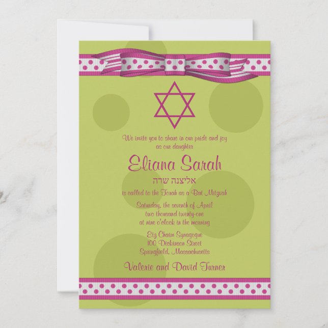Pink Green Polka Dots Bow Bat Mitzvah Einladung (Vorderseite)