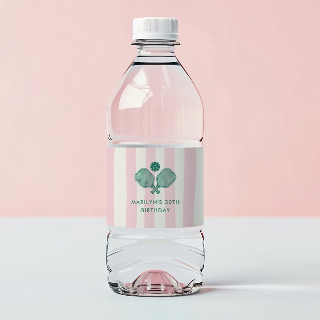 Pink Green Preppy Pickleball Geburtstagsparty Wasserflaschenetikett (Pink preppy pickleball birthday party water bottle labels)