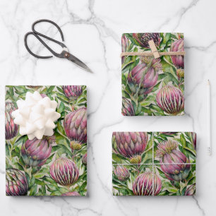 Pink & Green Protea Blume Muster Geschenkpapier Set