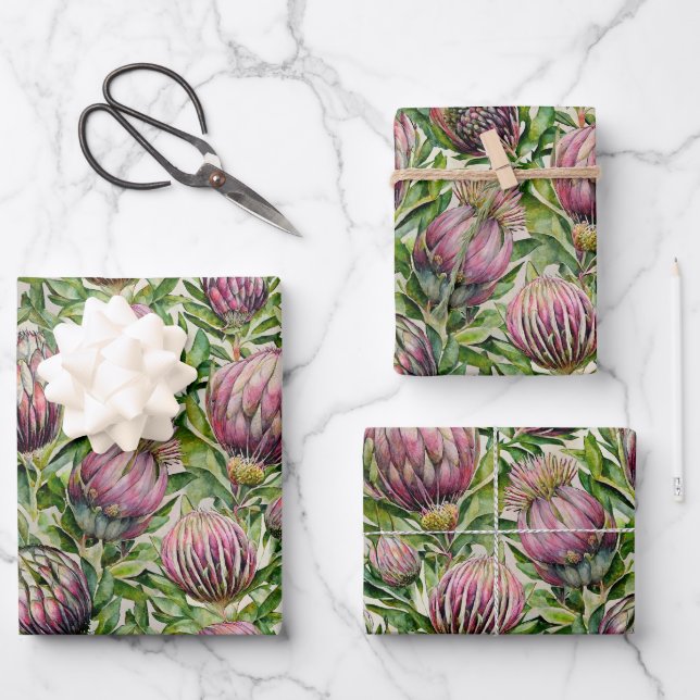Pink & Green Protea Blume Muster Geschenkpapier Set (Vorderseite)