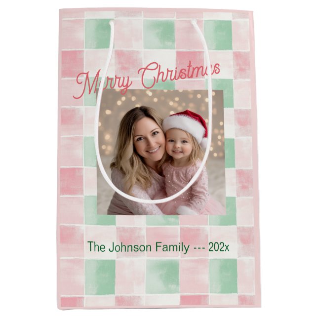 Pink Green Retro Foto Weihnachten Mittlere Geschenktüte (Vorderseite)