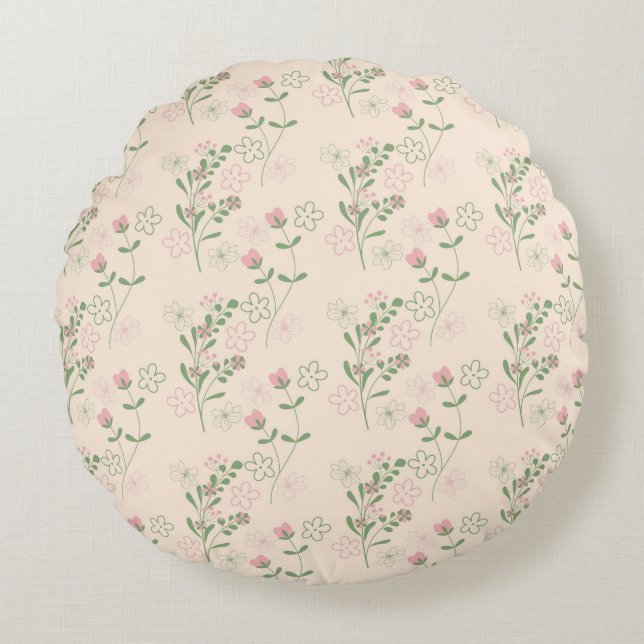Pink Green Retro Y2K 70er Blume Muster Rundes Kissen (Vorderseite)