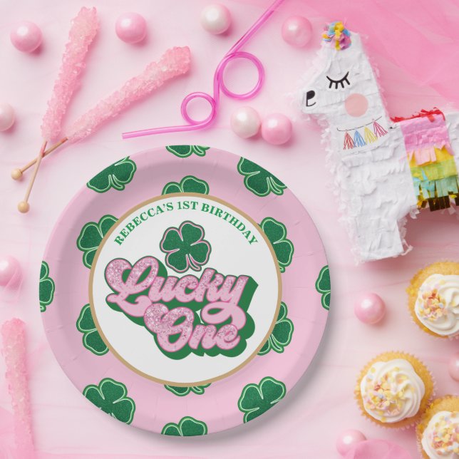 Pink Green St. Patrick's Lucky Eins erster Geburts Pappteller (Party)
