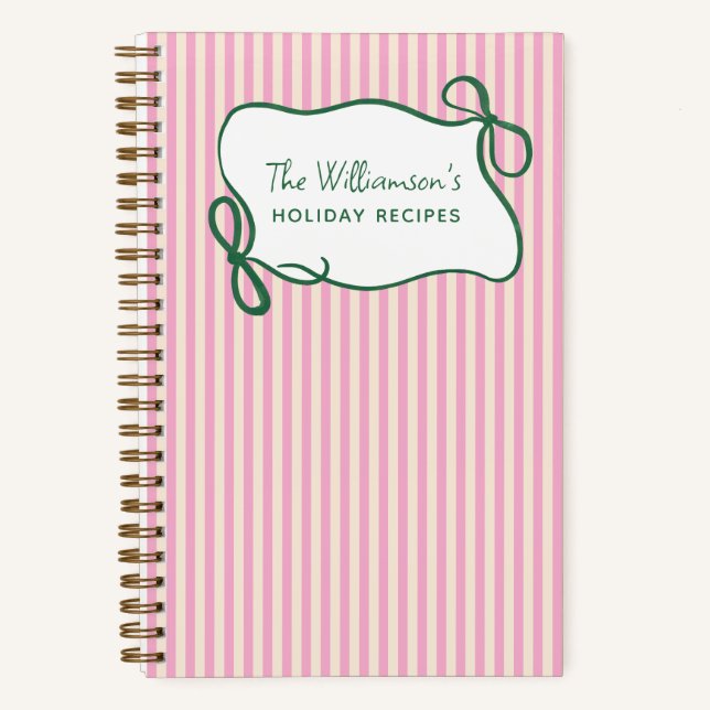 Pink Green Striped Bow Custom Christmas Recipe Notizbuch (Vorderseite)