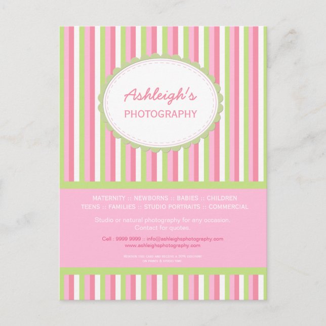 Pink Green Striping Fotograf Business Card Postkarte (Vorderseite)