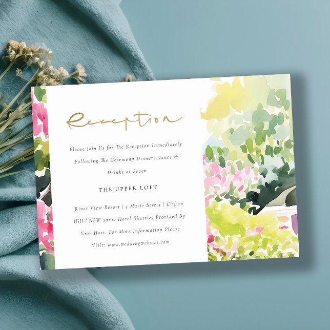 Pink Green Tropic Bougainvillea Hochzeitsempfang Begleitkarte (Von Creator hochgeladen)