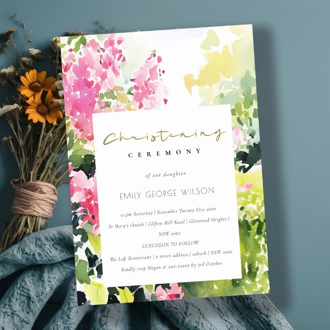Pink Green Tropical Bougainvillea Christening Einladung (Von Creator hochgeladen)