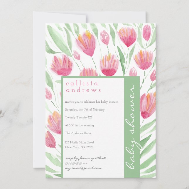 Pink Green Tulip Floral Watercolor Babydusche Einladung (Vorderseite)