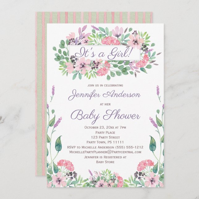 Pink Green Watercolor Blumenspülung Girl Baby Dusc Einladung (Vorne/Hinten)