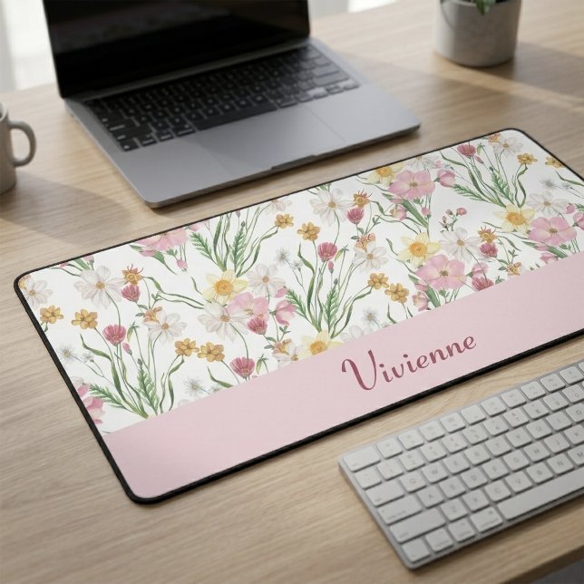 Pink Green Watercolor Wildflower Monogram Name Schreibtischunterlage (Pink Green Watercolor Wildflower Monogram Name Desk Mat)