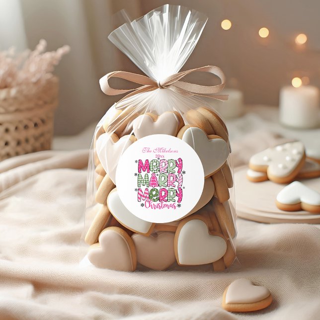 Pink Green Whimsical Christmas Runder Aufkleber (Von Creator hochgeladen)