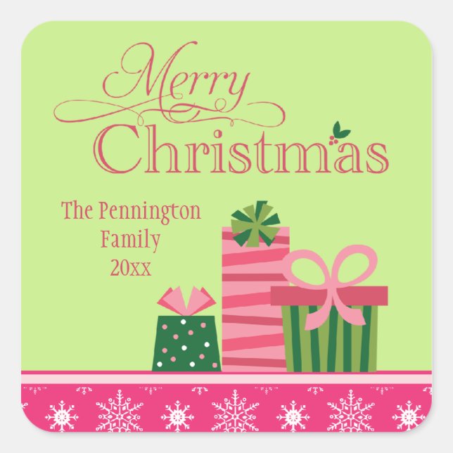 Pink green whimsisical präsentiert Weihnachtsaufkl Quadratischer Aufkleber (Vorderseite)