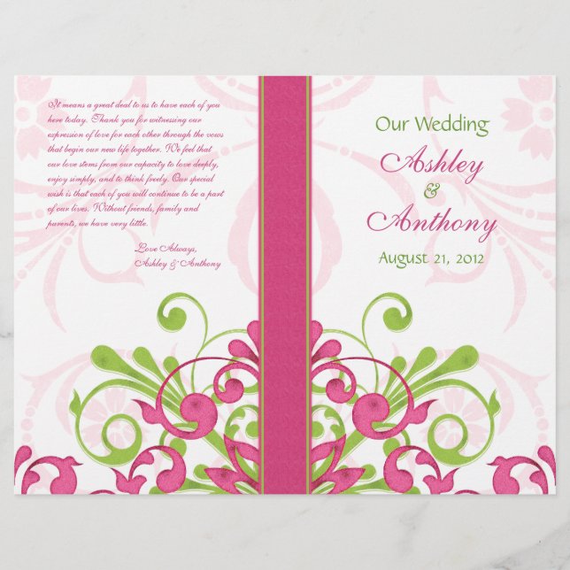 Pink Green White Abstrakt Floral Wedding Program (Vorderseite)
