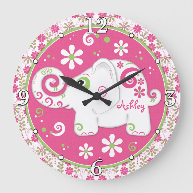 Pink Green White Elephore Personalisiert Große Wanduhr (Vorderseite)
