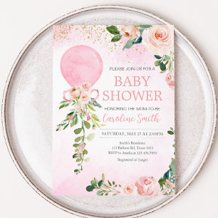 Pink Greenery Floral Balloon Babydusche Einladung