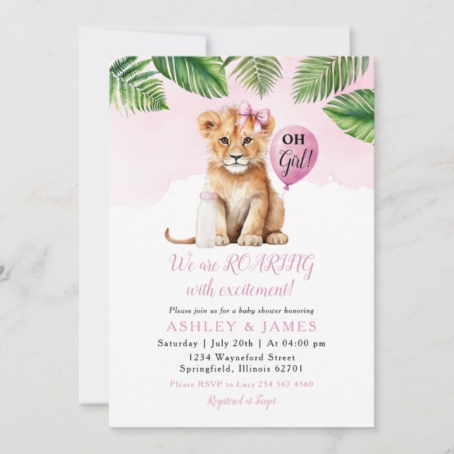 Pink Greenery Girl Lion Safari Baby Shower Bow Kra Einladung (Vorderseite)