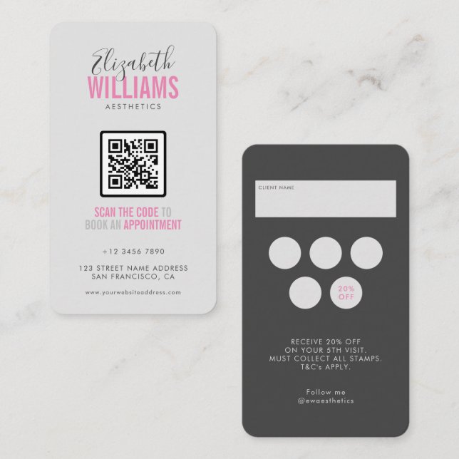 Pink Grey Beauty Salon QR Code Loyalty & Visitenkarte (Vorne/Hinten)