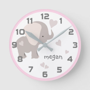 Pink Grey Elephant Heart Wall Clock Runde Wanduhr