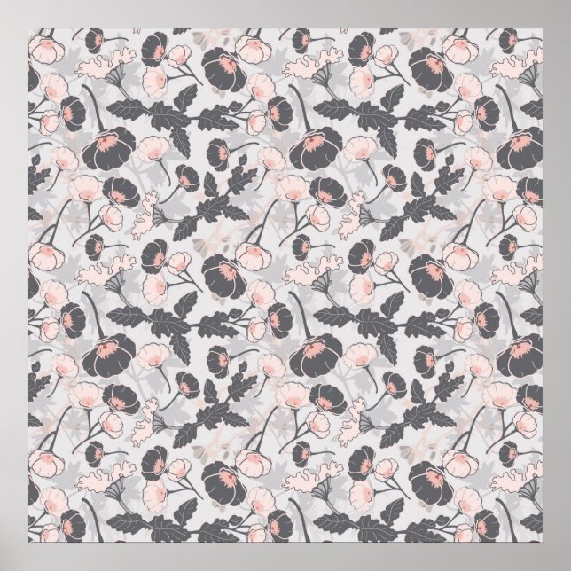 Pink Grey Feminine Floral Pattern Poster (Vorne)