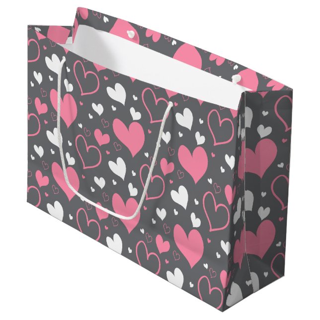 Pink & Grey-Herz-Geschenktasche Große Geschenktüte (Vorderseite Schrägansicht)