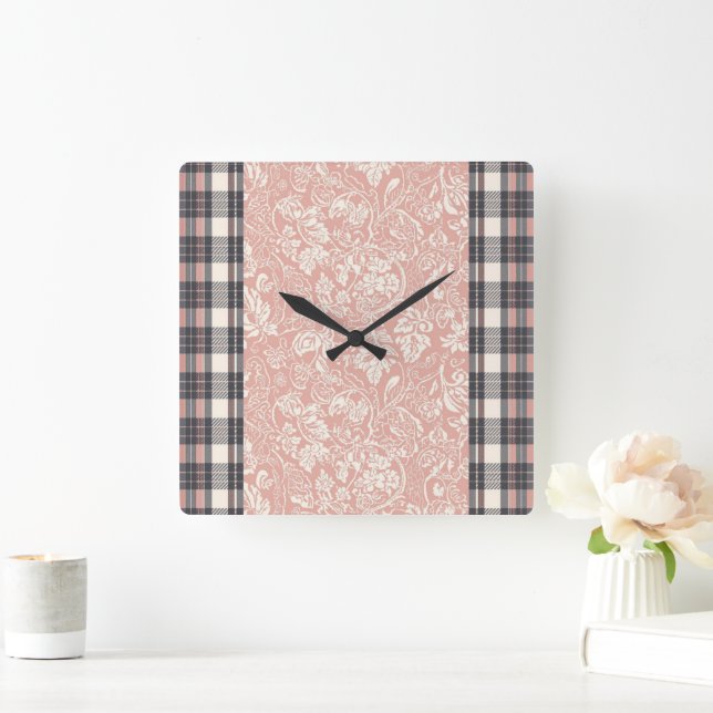 Pink & grey plaid stripes AI art  Quadratische Wanduhr (Zuhause)