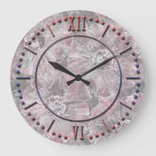 Pink ,grey ,stylish ,large ,flowers, pink flowers, große wanduhr