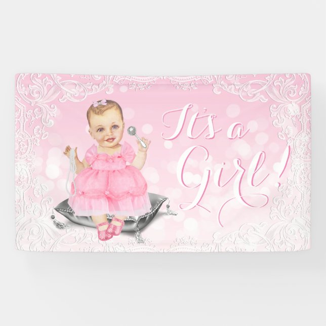 Pink Grey Vintag Baby Girl Duschbanner Banner (Horizontal)