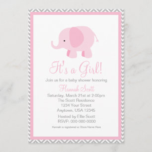Pink Grey Zickzack Elephant Girl Baby Dusche laden Einladung