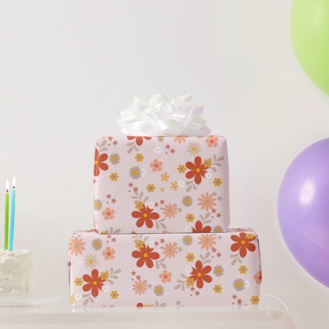 Pink Groovy Blume Retro Geschenkpapier (Partygeschenke)