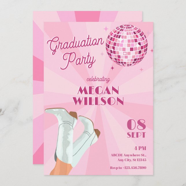 Pink Groovy Boots Disco-Ball Graduierungsparty Einladung (Vorne/Hinten)