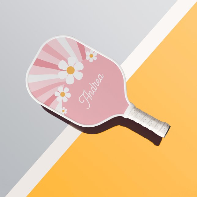 Pink Groovy Daisy Retro 70er Individuelle Name Gir Pickleball Schläger (Von Creator hochgeladen)