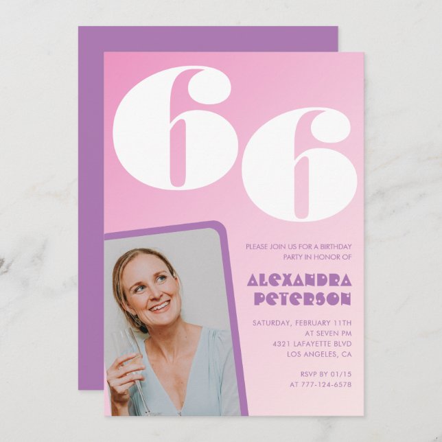 Pink Groovy Einladungen zum 66. Geburtstag Retro F (Vorne/Hinten)