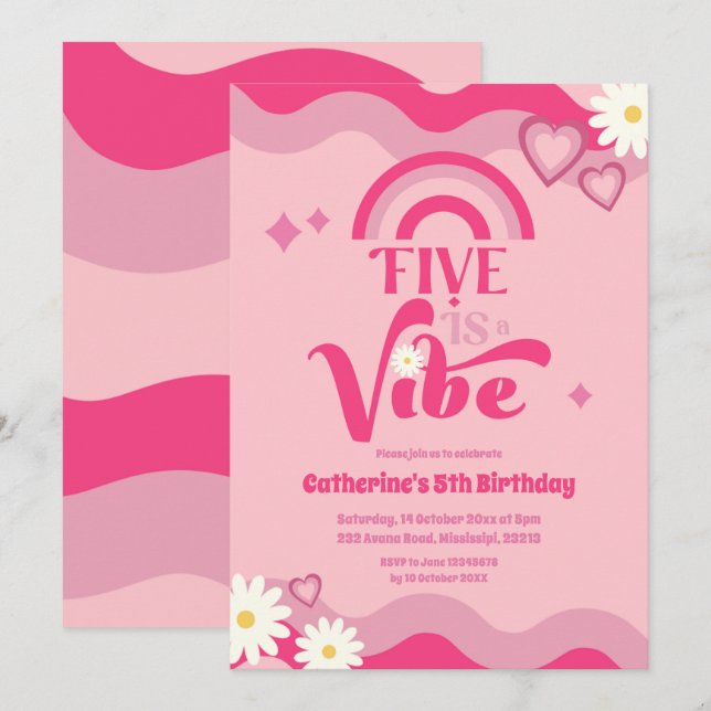 Pink Groovy Five ist Vibe Birthday Einladung (Vorne/Hinten)
