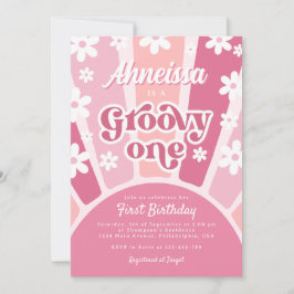 Pink Groovy One Retro Rainbow Daisy Erster Geburts Einladung