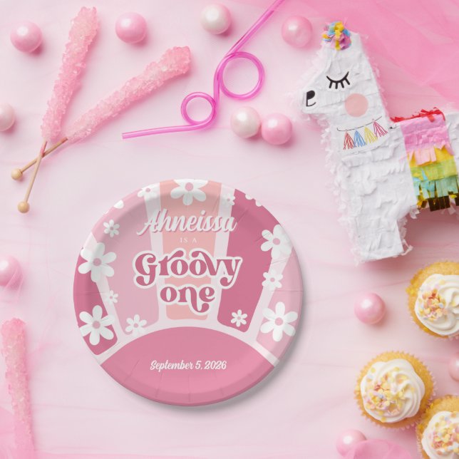 Pink Groovy One Retro Rainbow Daisy Erster Geburts Pappteller (Party)