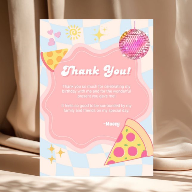 Pink Groovy Pizza Party Thank You Card Dankeskarte (pizza birthday thank you card, pizza party thank you card, retro birthday thank you card, groovy bir)