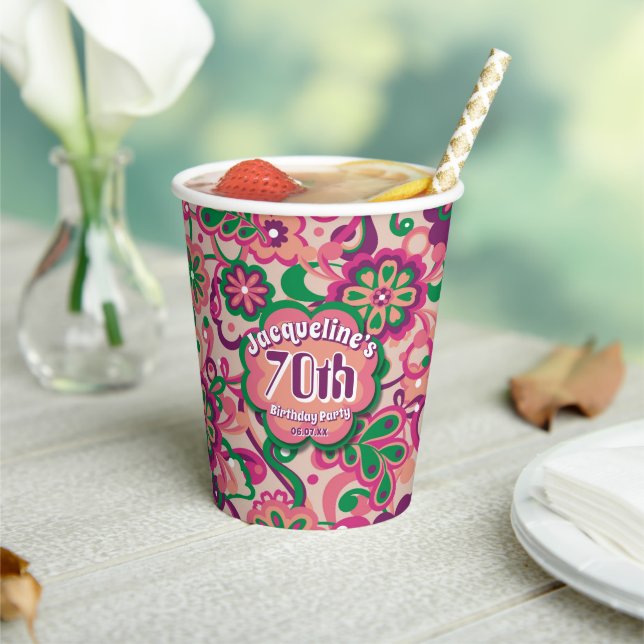 Pink Groovy Psychedelic 60er 70er Floral Birthday Pappbecher (In Situ)