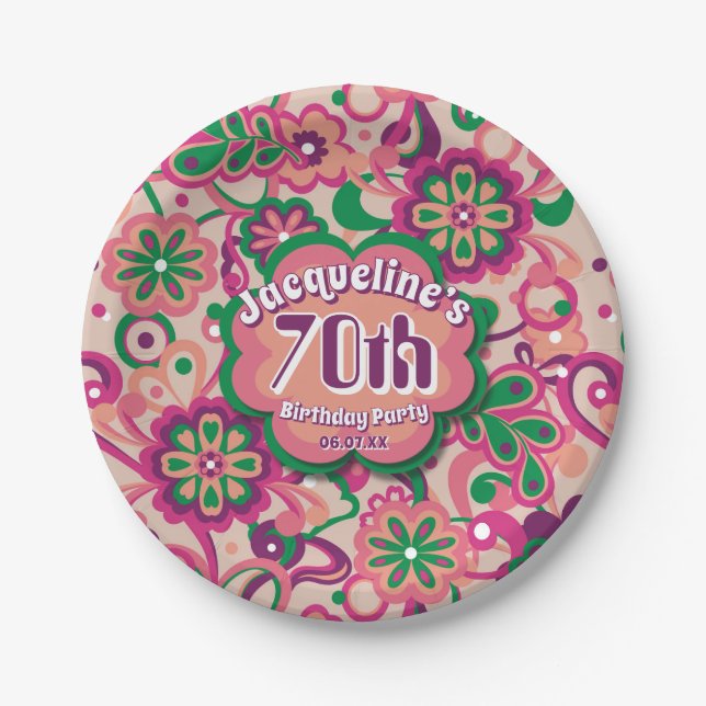 Pink Groovy Psychedelic 60er 70er Floral Birthday Pappteller (Vorderseite)