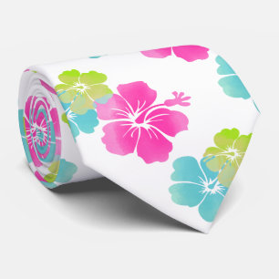 Pink/Grün/Aqua Blau Hibiskus/Hawaiianische Blumen Krawatte